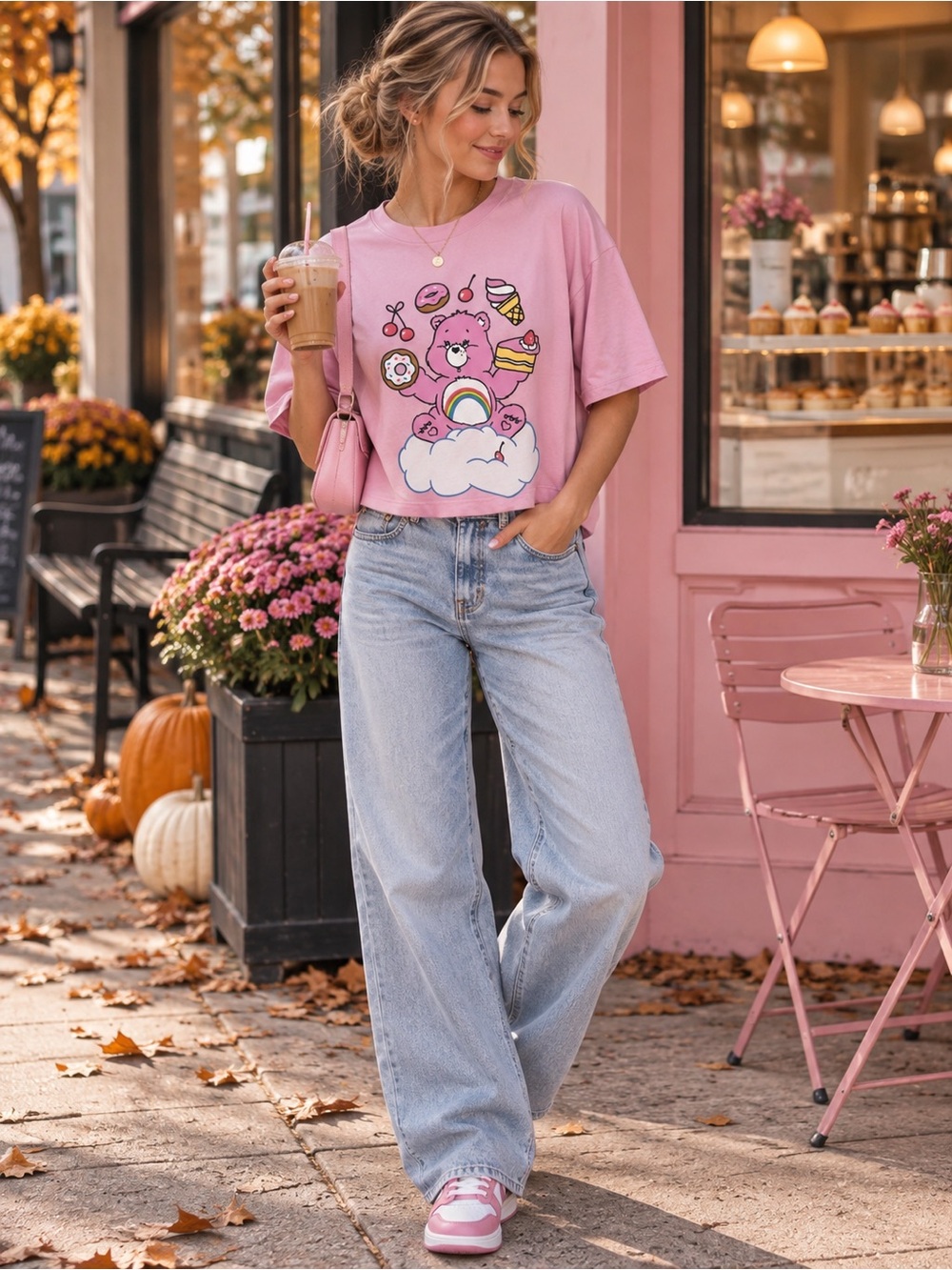 Care Bears Graphic Crop T-Shirt Women’s Medium Pink Cheer Bear Desserts